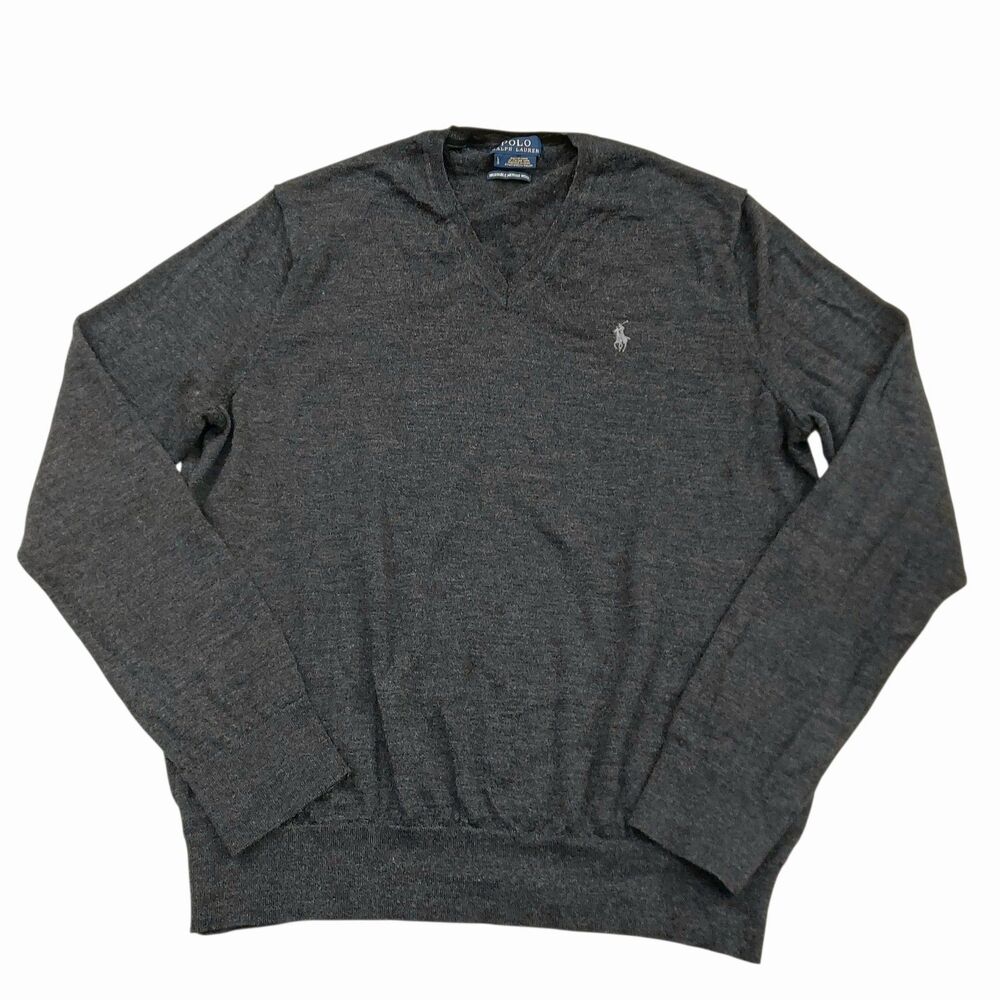 Polo Ralph Lauren Merino Wool Sweater Lauren Mens Large Grey V-Neck Casual